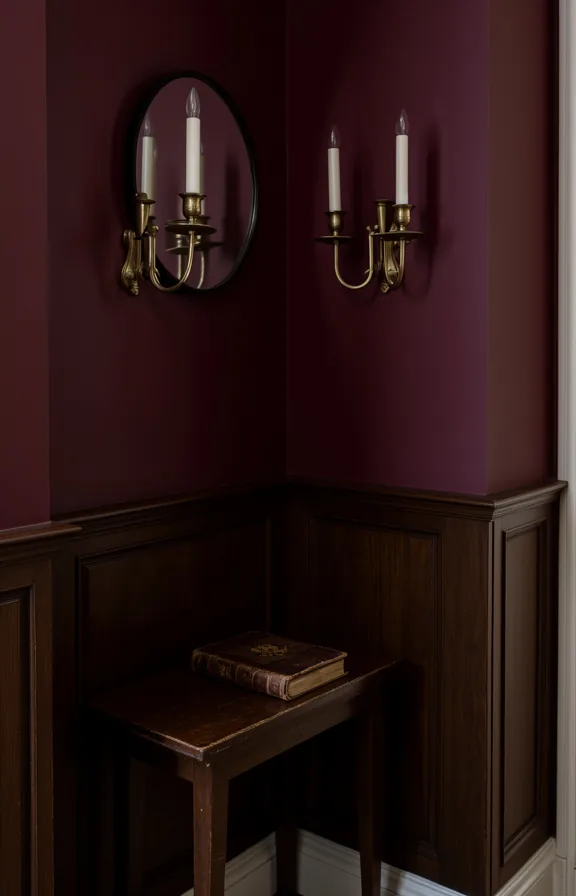 3/4 view of compact hallway corner with pair of brass candlestick wall sconces flanking small rou