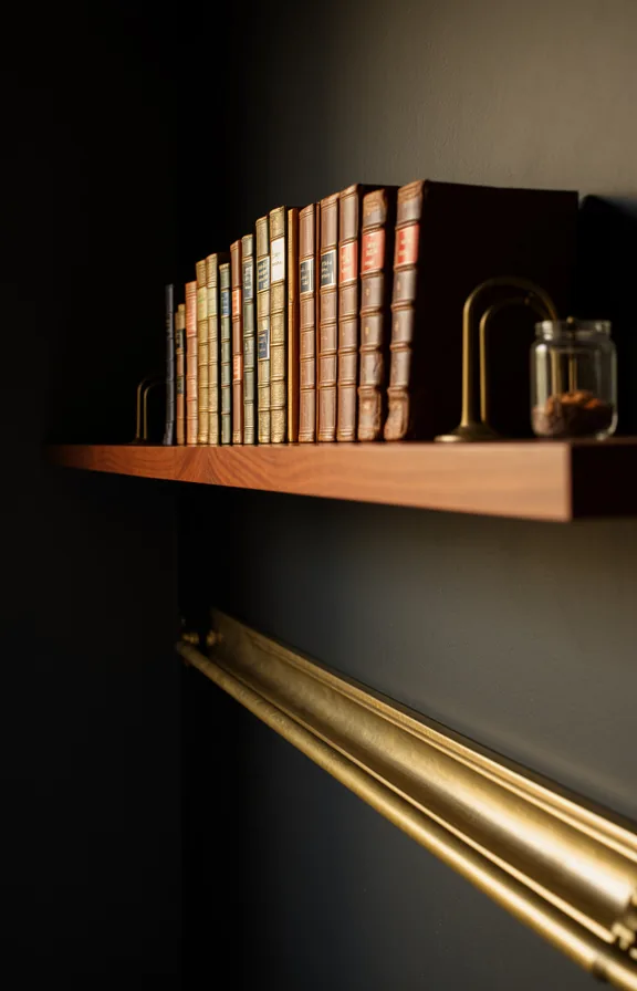 brass bookends, small specimen jar, dark charcoal wall treatment