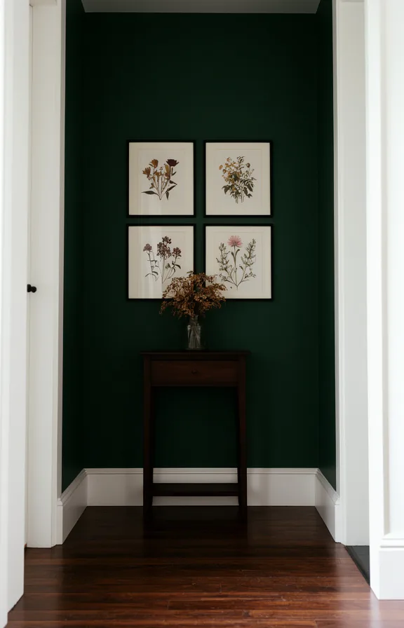 Low angle view of narrow entryway with framed pressed flower botanical art collection on dark for