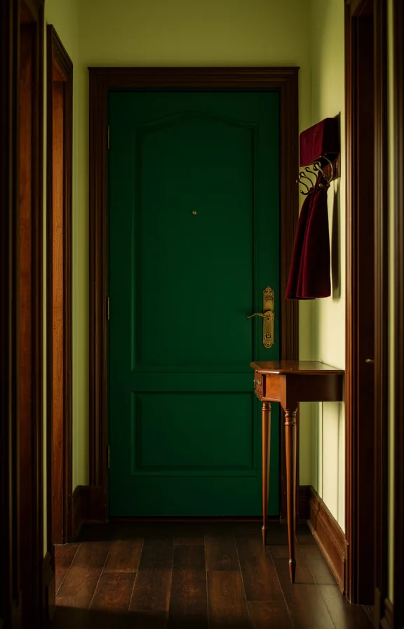 3/4 shot of compact hallway with deep emerald green painted door at entry