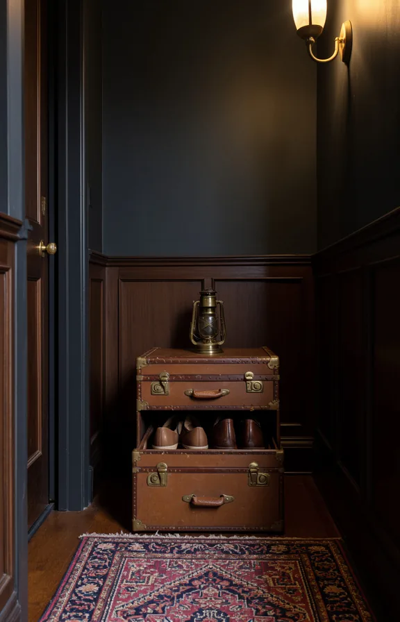 brass corner hardware detail, small brass lantern atop trunk