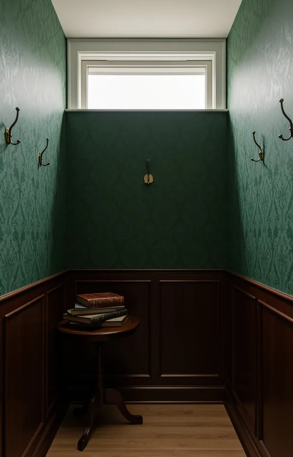 3/4 view of compact hallway entrance with floor-to-ceiling forest green removable wallpaper featu