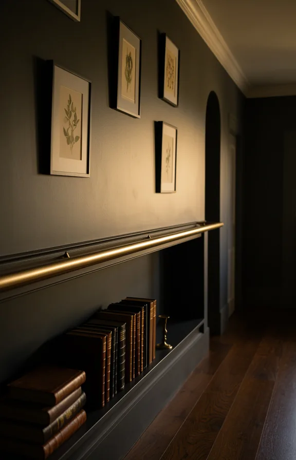 Medium shot of hallway with bronze picture rail ledge running along dark walls displaying small f