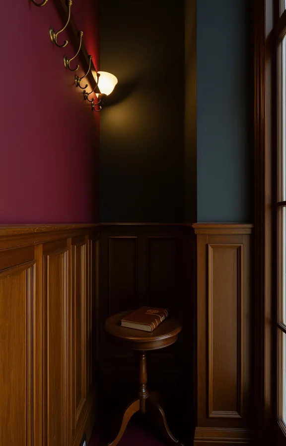 3/4 view of compact entryway with dark wood wainscoting treatment covering lower half of walls in