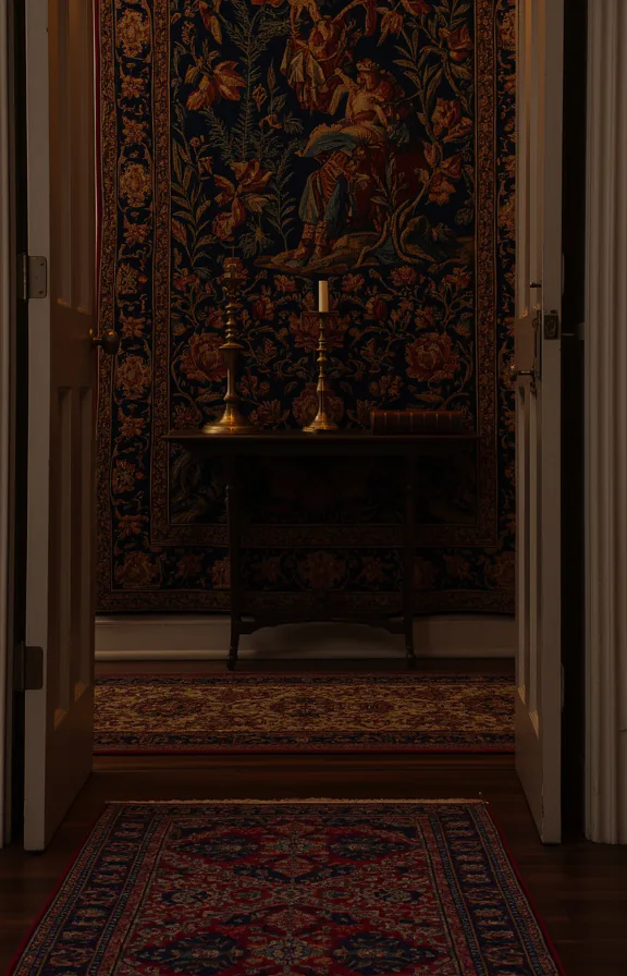 Low angle view of entryway with large tapestry wall hanging backdrop in deep jewel tones behind s