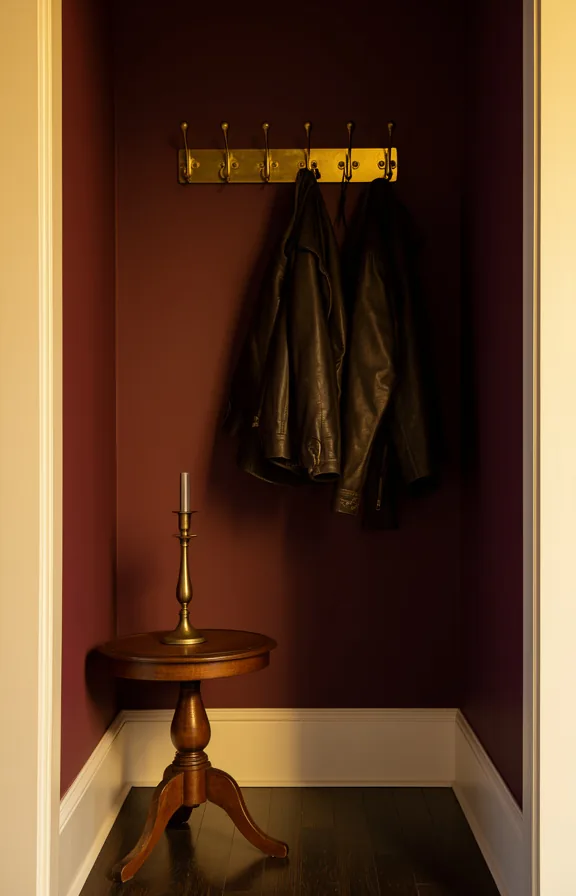 3/4 medium shot of compact hallway with vintage brass coat rack mounted on deep burgundy wall