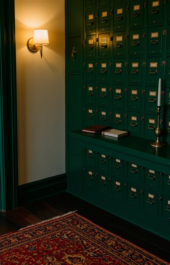 Medium shot of tight hallway corner featuring vintage wooden library card catalog painted deep fo
