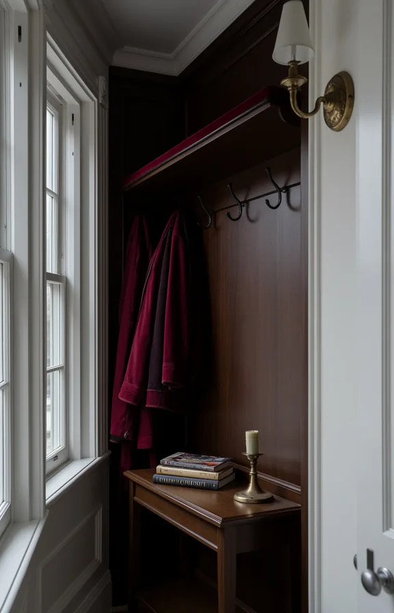 leather-trimmed hanging space, small console table below with stacked books and brass candle holder