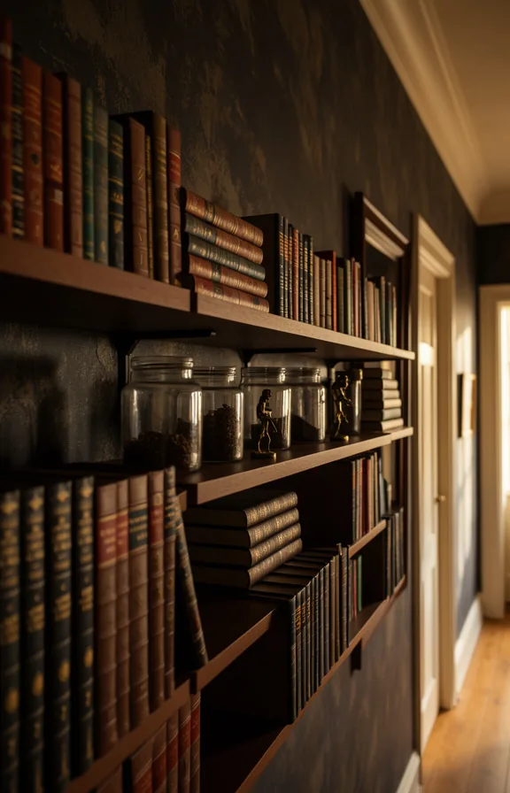 Low angle shot of hallway featuring dark wood floating shelves displaying leather-bound books by