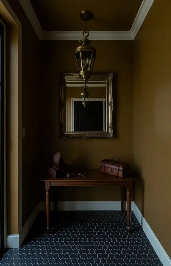 3/4 view of compact entryway with brass lantern-style pendant light fixture hanging above small c