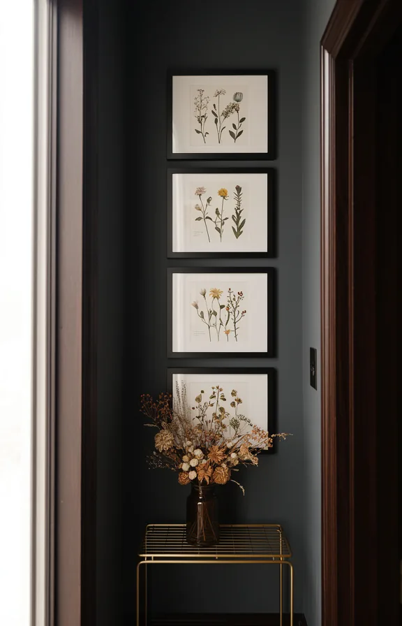 Medium shot of narrow entryway with gallery wall of pressed flower botanical prints in dark metal