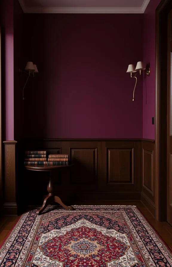 3/4 view of hallway with deep plum accent wall treatment