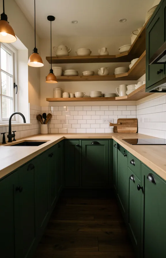 Full kitchen interior with deep forest green shaker cabinets