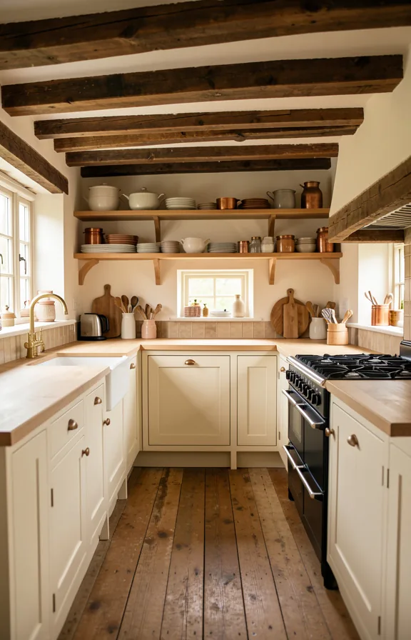 Cottage kitchen interior with exposed dark wooden beam ceiling