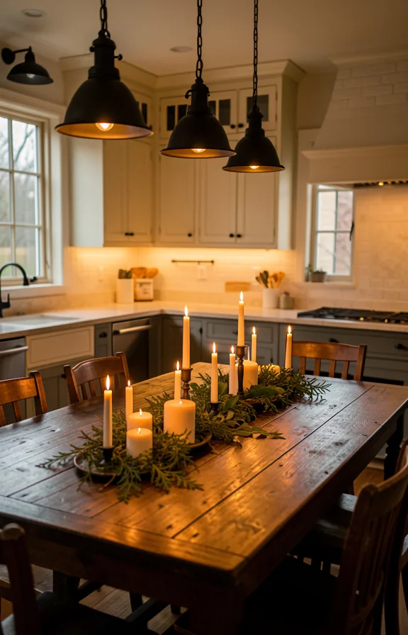 Full kitchen featuring long candlelit dark wood farmhouse table as centerpiece