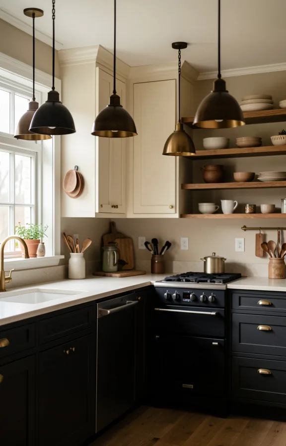 Complete kitchen with darkened brass pendant lights hanging over workspace