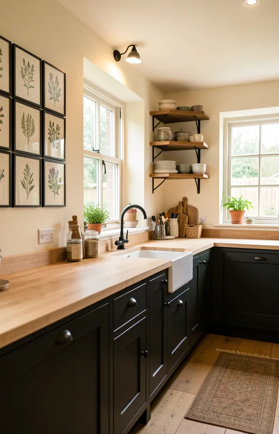 Full cottage kitchen featuring pressed herb specimens framed and installed on cream accent wall