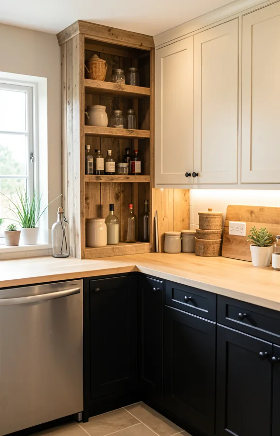 Full kitchen featuring weathered wood open pantry shelving unit in one corner