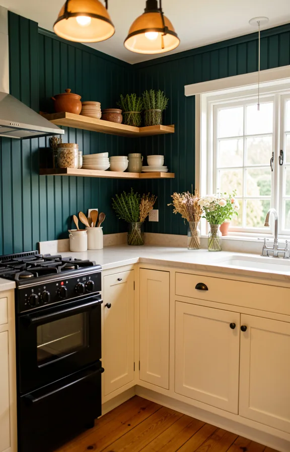 Complete cottage kitchen with dark teal beadboard wall treatment