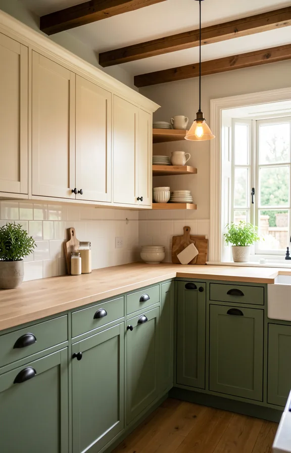 Kitchen space with sage green lower cabinetry, cream upper painted cabinets