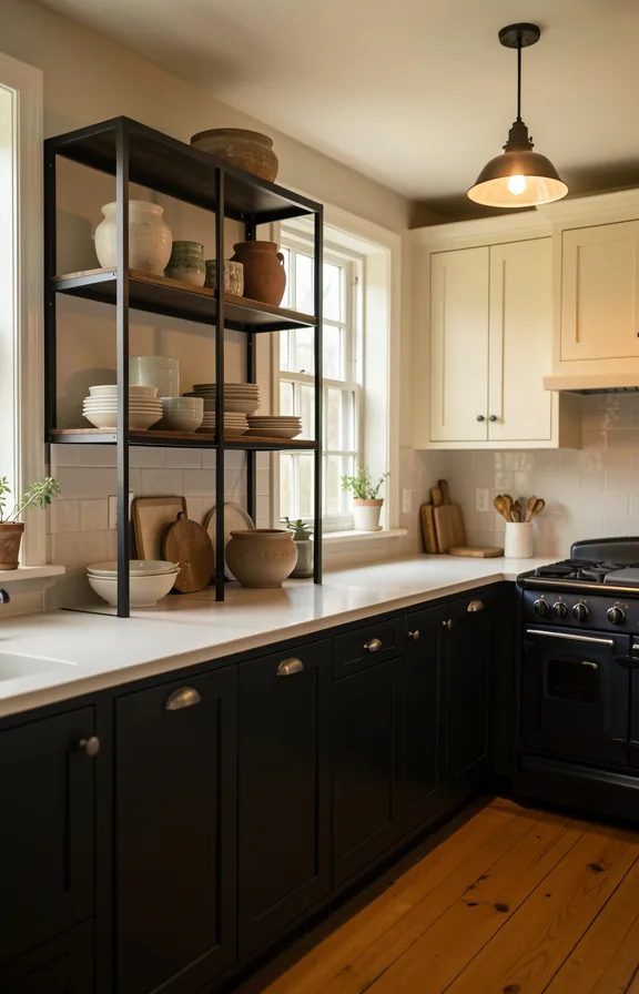 Complete kitchen featuring blackened steel open shelving unit displaying ceramics and vessels