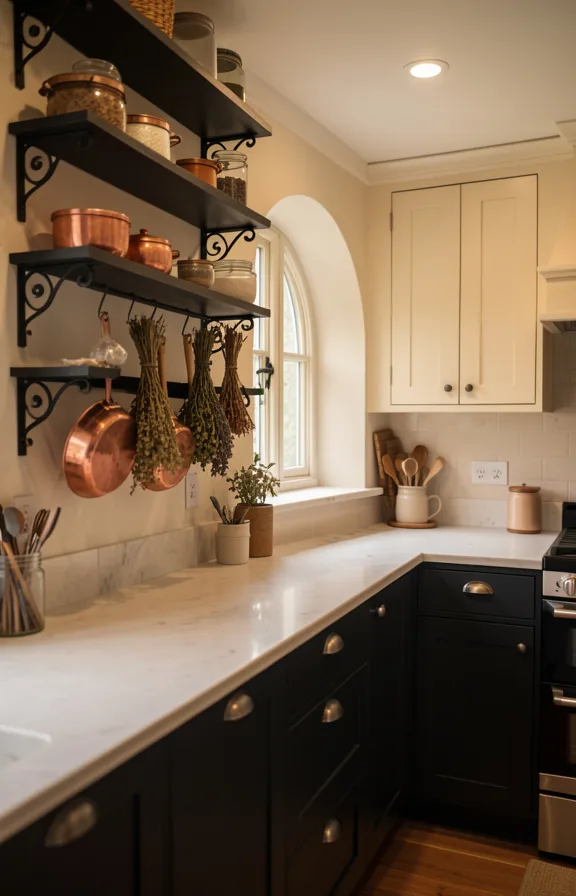 Complete cottage kitchen featuring black iron open shelving on one wall
