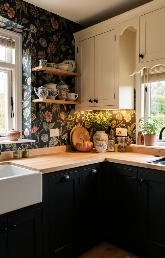 Full cottage kitchen with moody floral wallpapered alcove nook