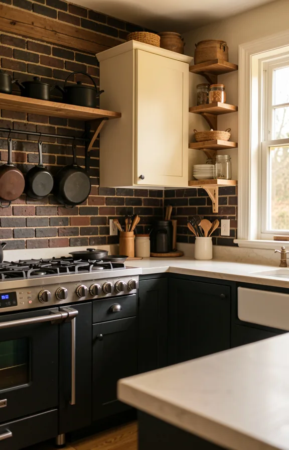 Kitchen interior featuring dark brick accent wall behind stove area