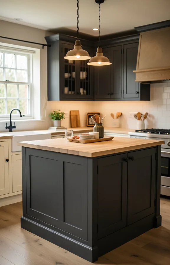 Complete cottage kitchen with charcoal gray painted kitchen island