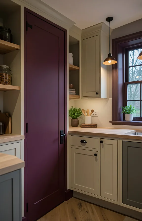 Kitchen space with deep plum painted pantry door and lower cabinetry