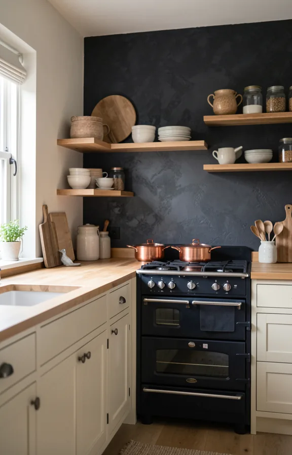 Full kitchen space with charcoal plaster textured accent wall behind cooking area