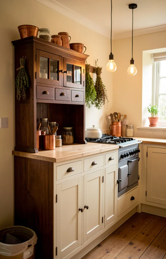Cottage kitchen featuring vintage dark wood apothecary cabinet with small glass-fronted drawers