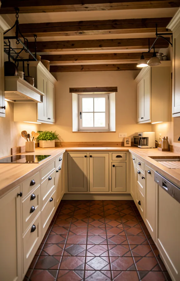 Complete kitchen featuring dark terracotta floor tiles in traditional pattern