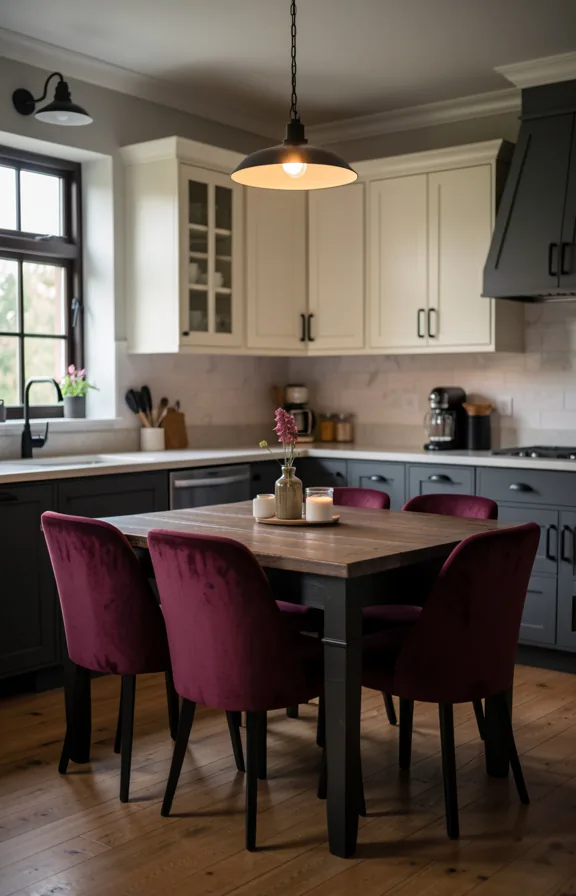 Kitchen interior featuring burgundy velvet upholstered chairs at dark wood farmhouse table