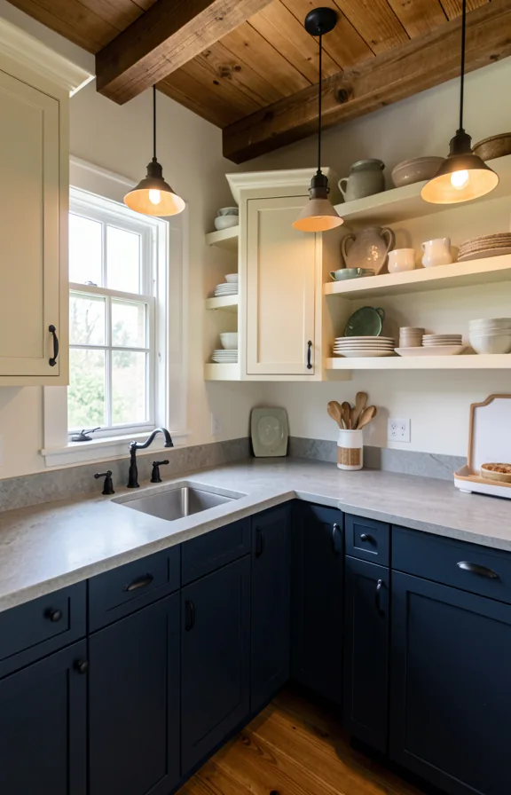 Full kitchen space with stone gray butcher block countertop