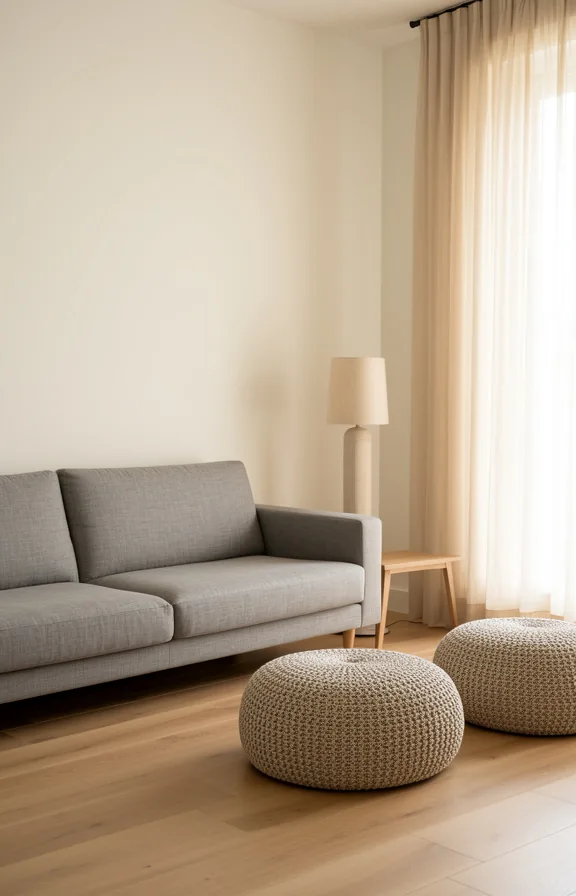 light oak flooring, low-profile grey linen sofa, simple wooden side table