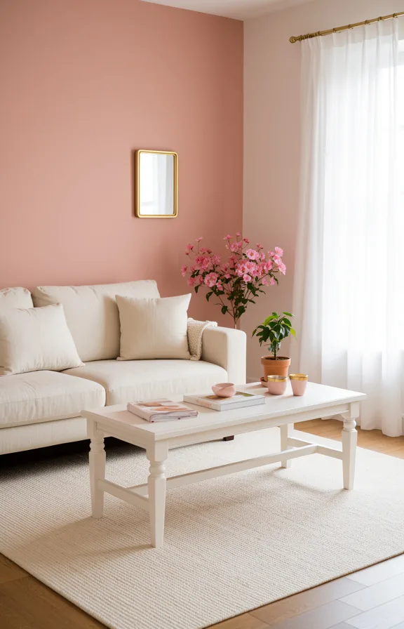 cream linen sofa, white wooden coffee table, small gold-framed mirror