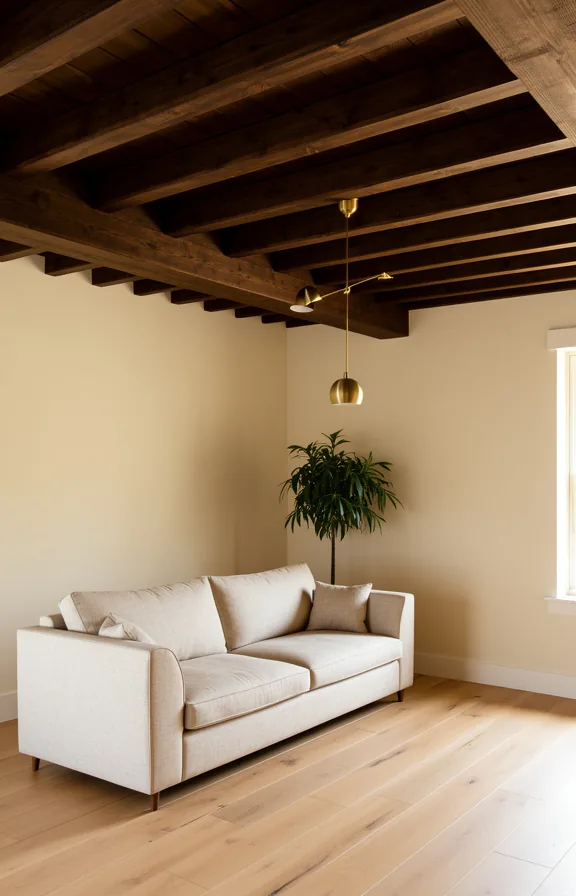 Full room view with exposed wooden ceiling beam running across space