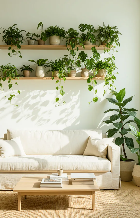 trailing potted plants on floating shelves, monstera and ficus in various ceramic pots