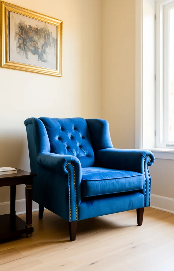 Medium shot of living room with jewel-tone velvet armchair in sapphire blue as focal point