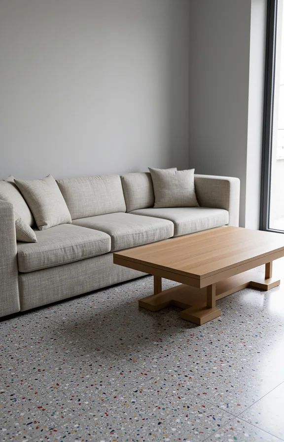 3/4 angle of modern living room with light grey walls
