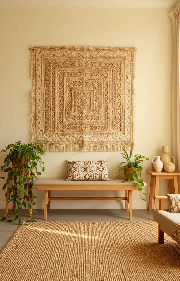 large woven wall tapestry in natural fibre creating focal point