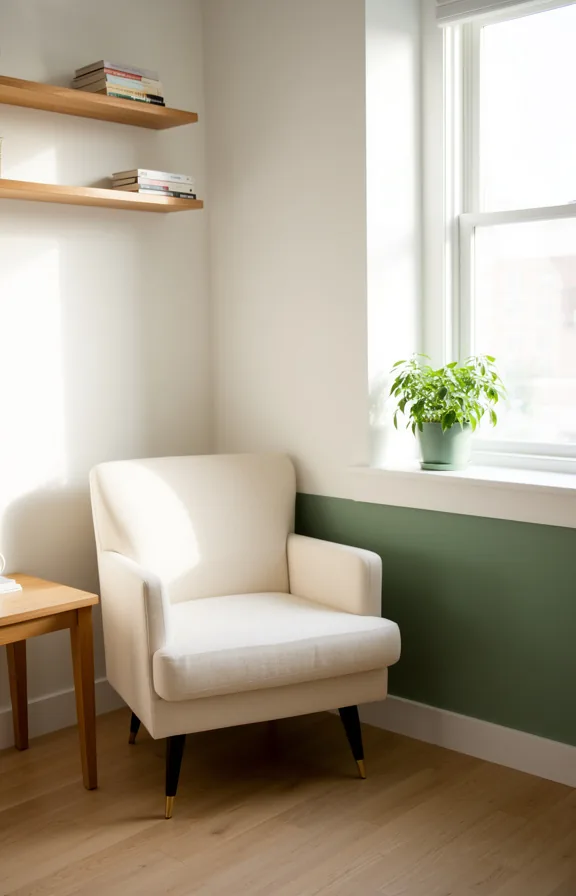 Medium shot of sunlit corner reading alcove with white walls