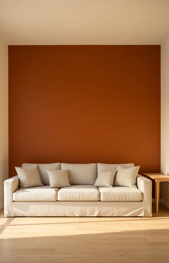 Full room perspective of warm living room with burnt orange accent wall