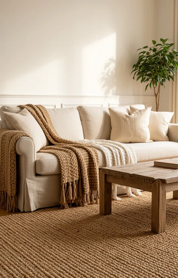 Medium shot of layered living room with white walls