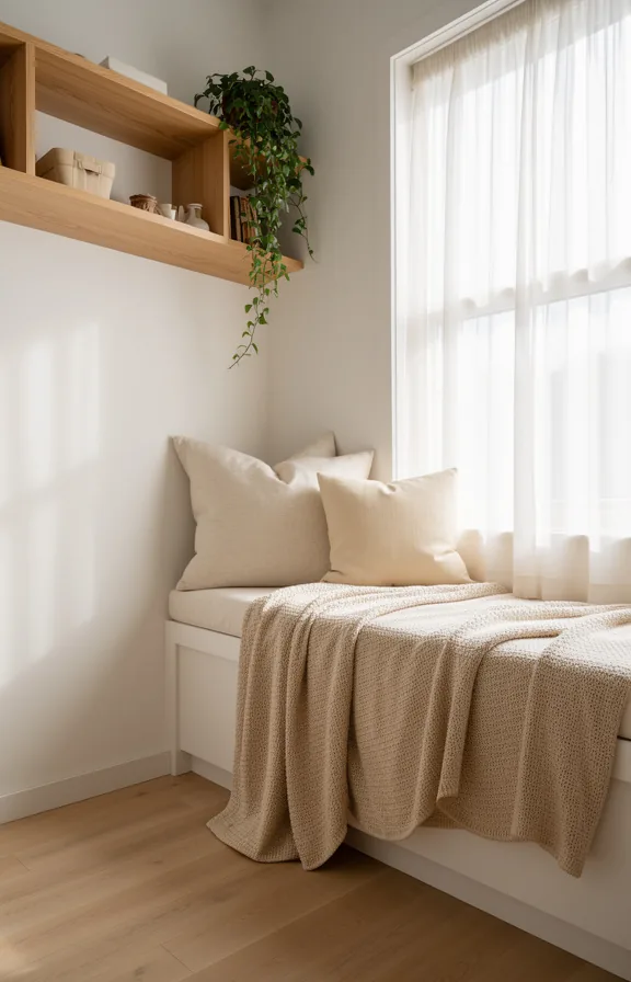 3/4 angle of cozy window nook retreat with white walls