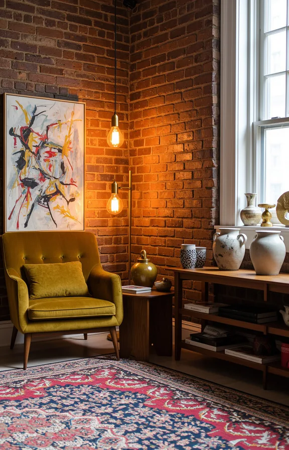 3/4 angle view of eclectic living room with exposed brick