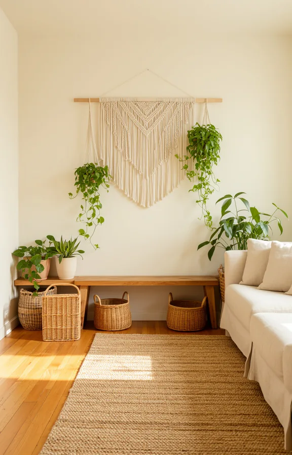Full room perspective of boho living space with cream walls
