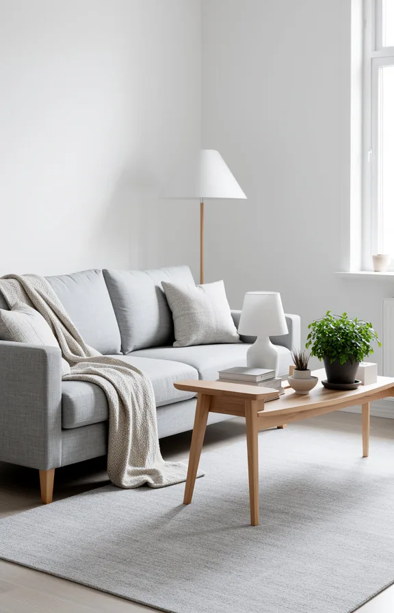light grey linen sofa with wooden legs, natural wool throw blanket