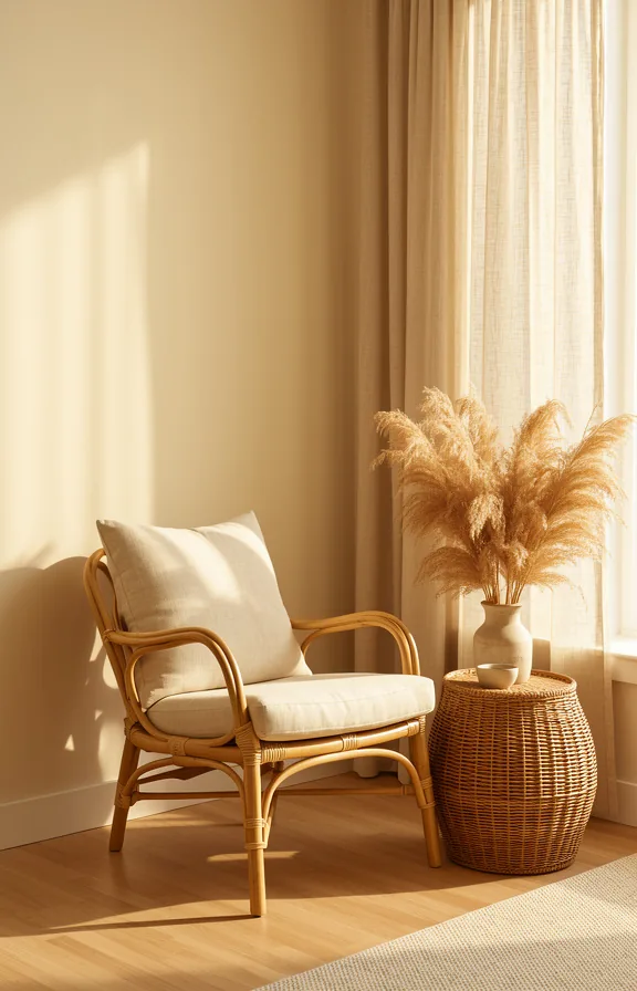 Medium shot of warm neutral living room with cream walls